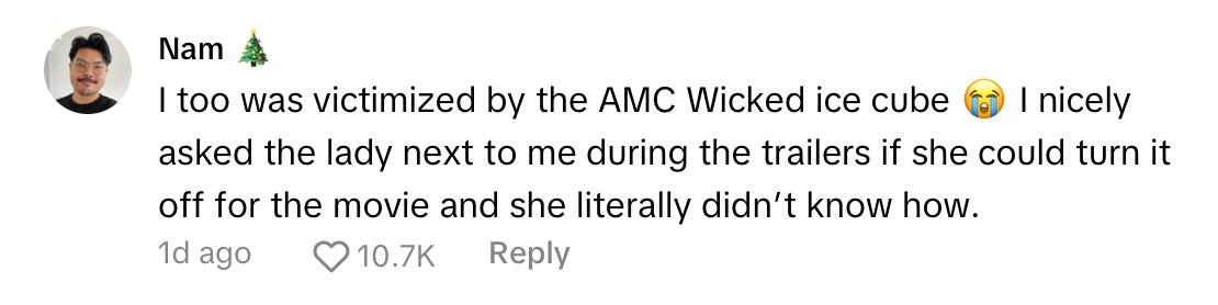 TikToker comments on viral video about neon flashing ice cubes in 'Wicked'-themed AMC drinks.