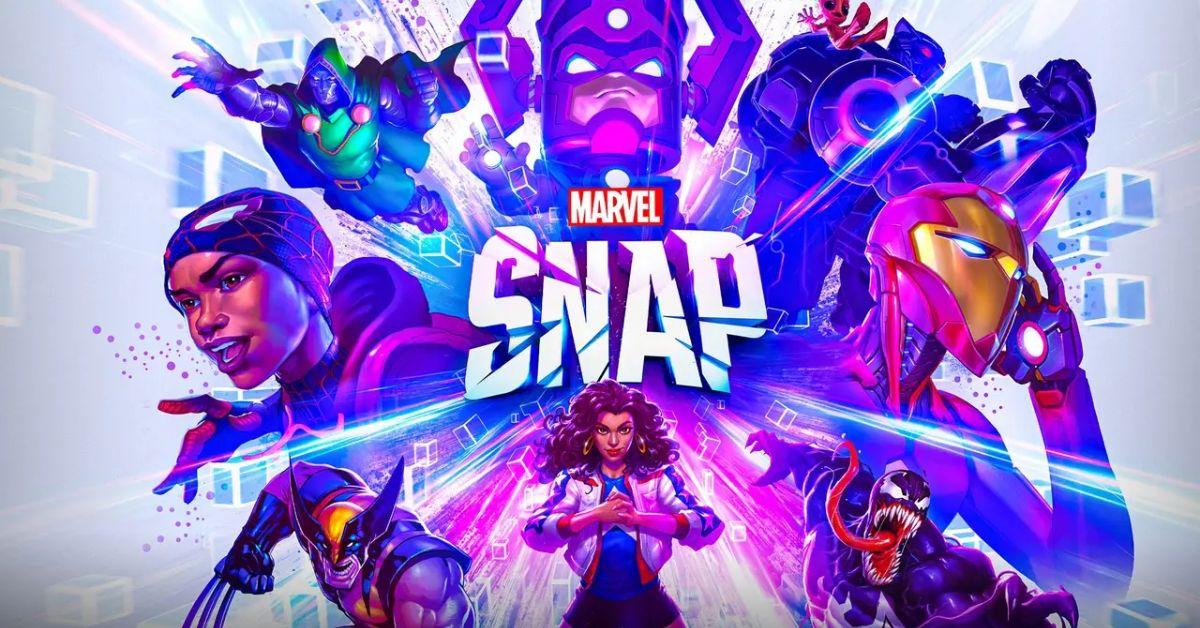 The Marvel Snap logo with characters all around it. 