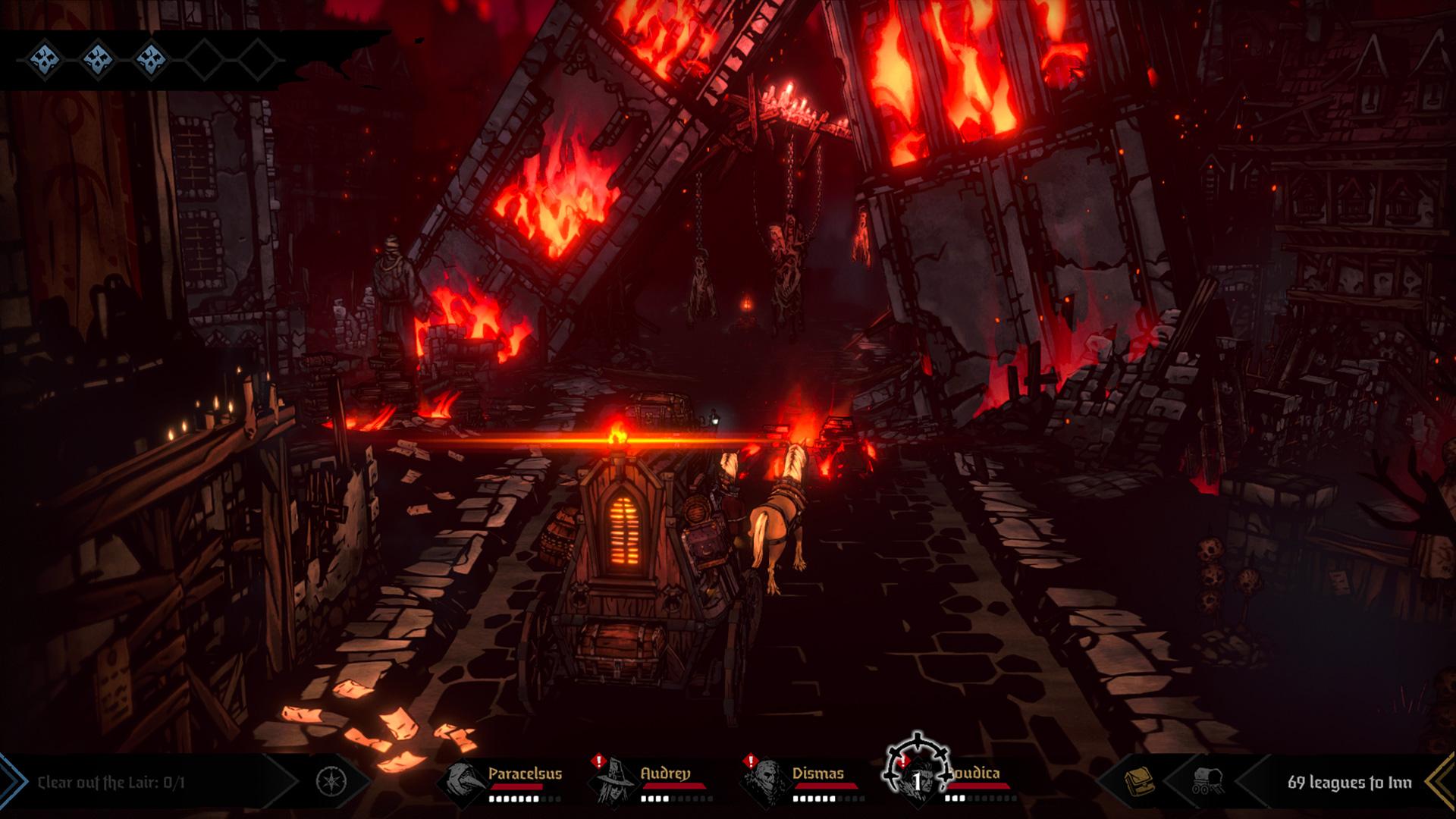 'Darkest Dungeon II' Stagecoach driving through a burning city.