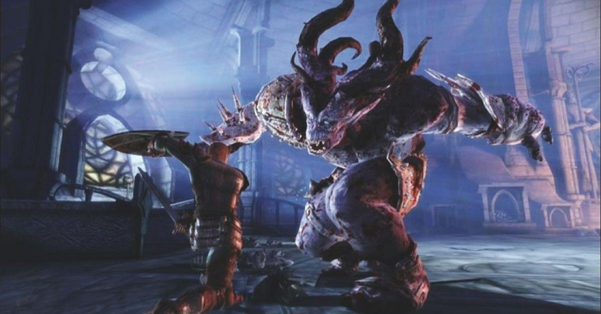 A Dragon Age: Origins player fighting a large monster.