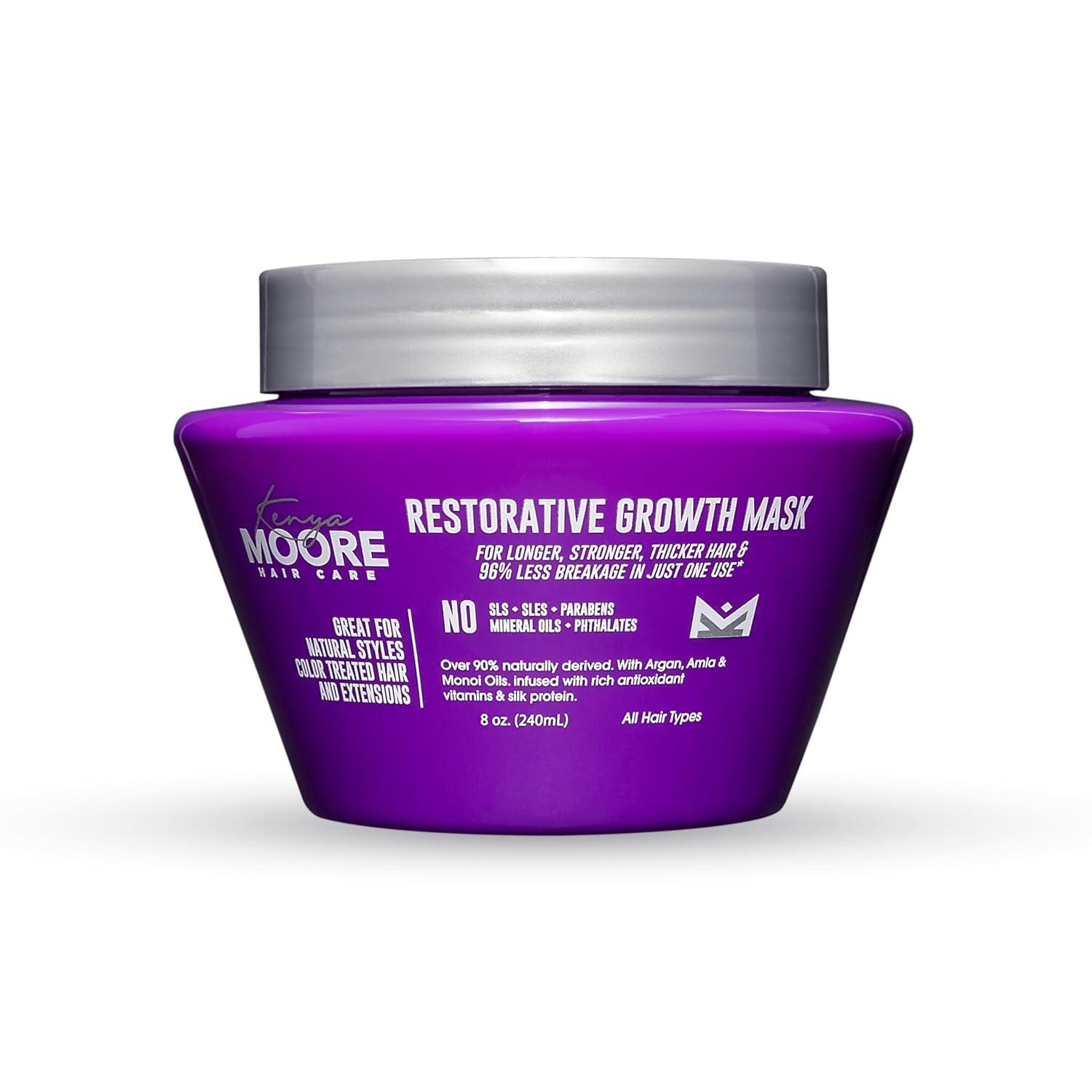 A purple jar of Kenya Moore Hair Care's Restorative Growth Mask