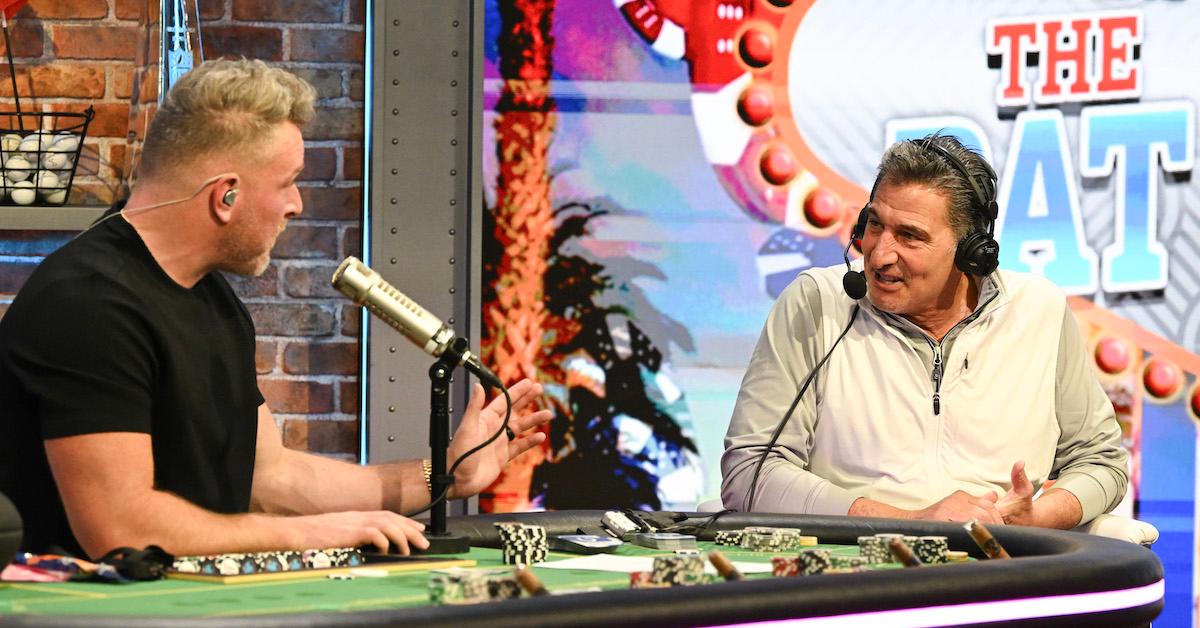 Pat McAfee interviews Gene Steratore at Radio Row at the Mandalay Bay Convention Center ahead of Super Bowl LVIII on February 9, 2024 in Las Vegas