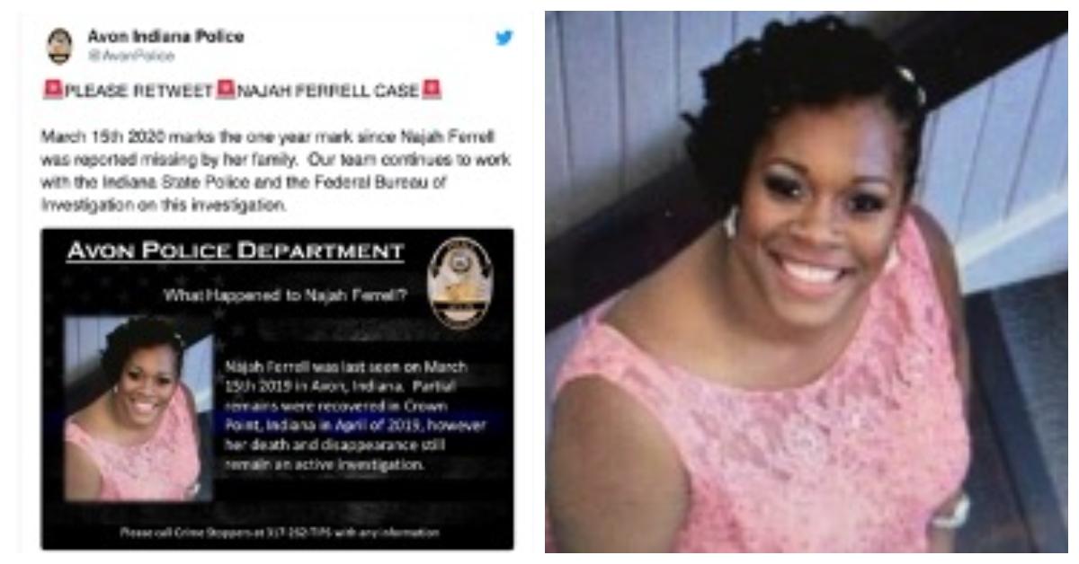 A Najah Ferrell missing person alert tweet.