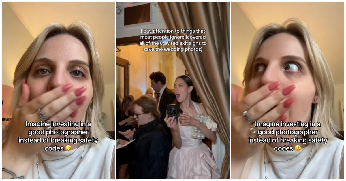 (l-r): A woman reacting to a bride covering her exit sign