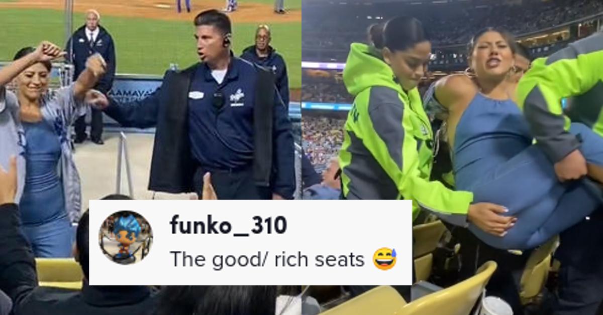 Dodgers Fan Gets Carried Out of Stadium Because Her Boobs Kept Popping Out  While Dancing During Game (VIDEO)