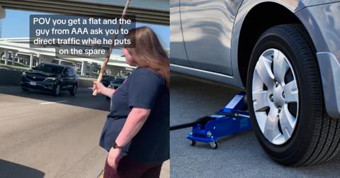 AAA Driver Has Woman Direct Traffic With Stick