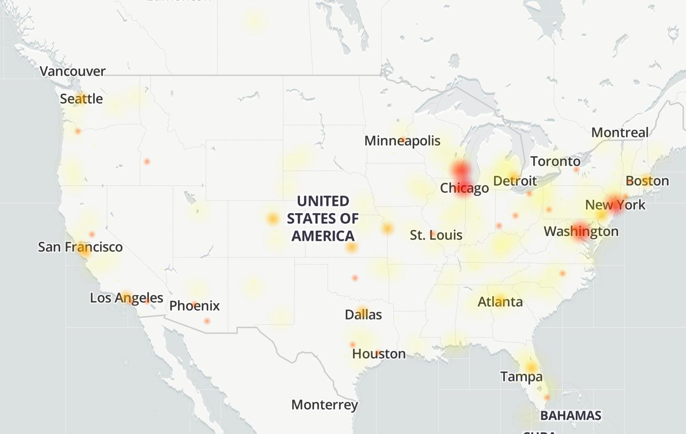 A map showing the Grindr outages from Down Detector