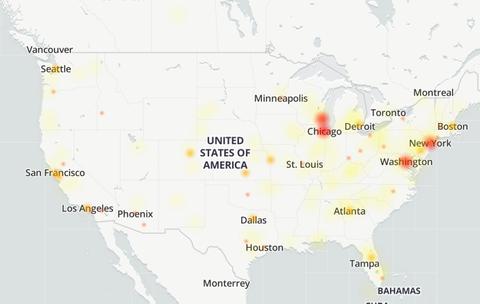 A map showing the Grindr outages from Down Detector