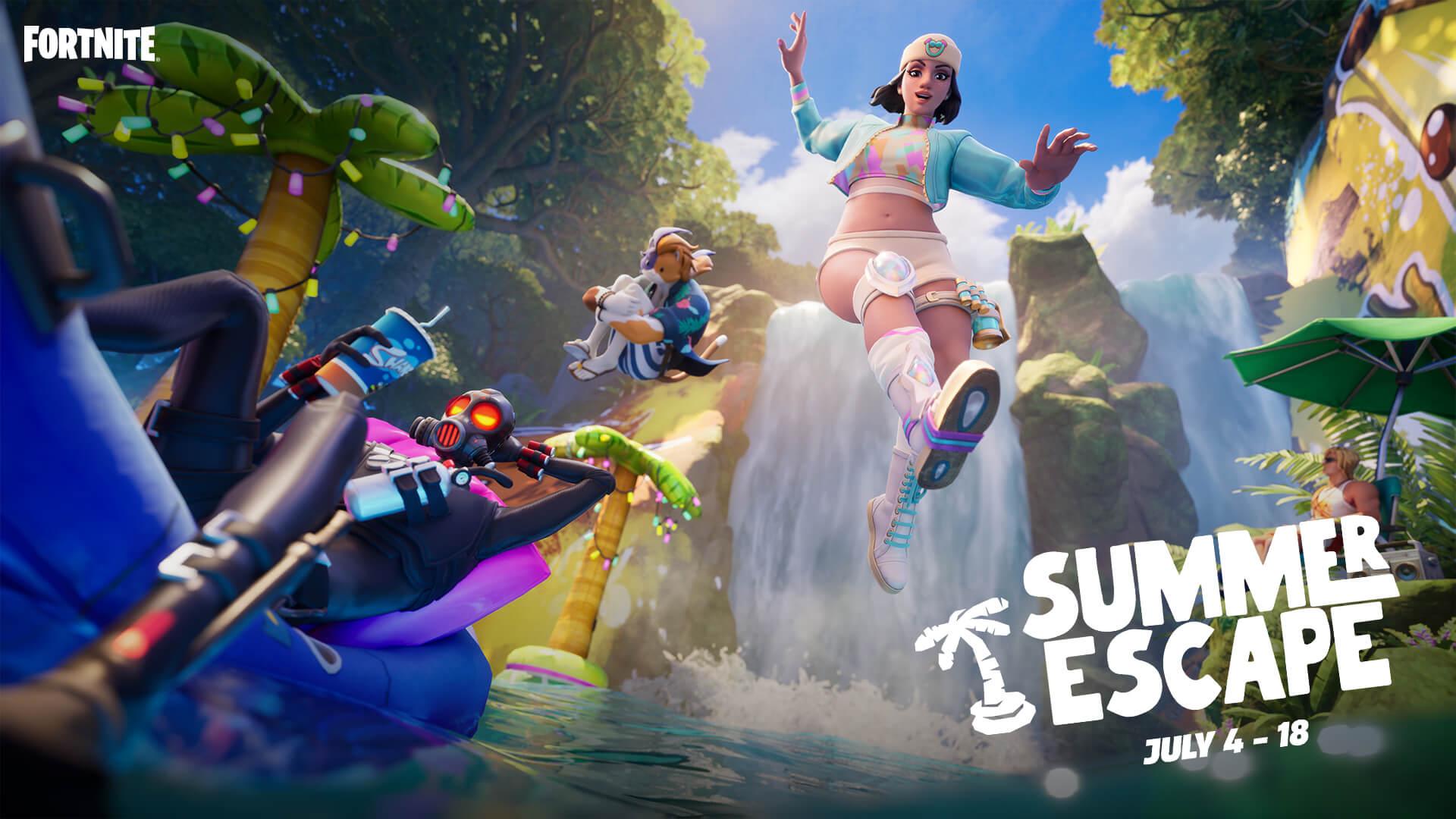 'Fortnite' promo art for Summer Escape 2023 showing avatars jumping in a river.