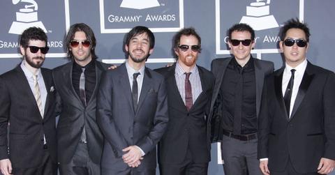Linkin Park poses on the Grammy Awards red carpet