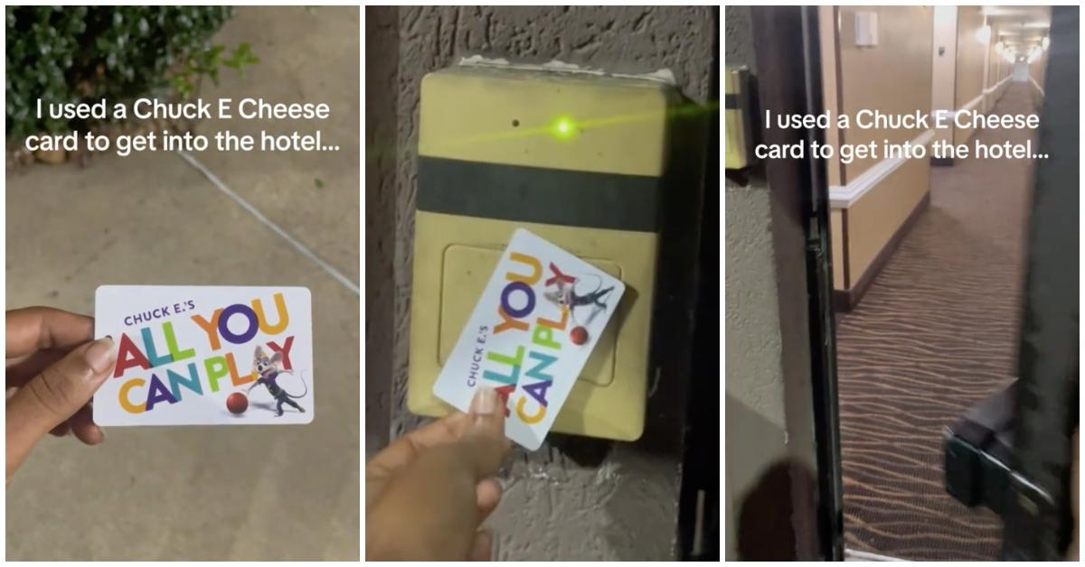 Woman shows how she used Chuck E. Cheese card to get into hotel entrance.