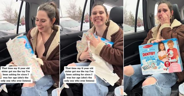 Older sister gets gifts from younger sisters