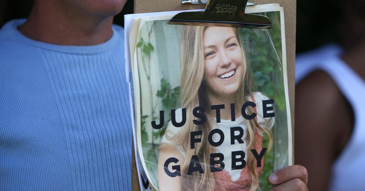 Supporters of &quot;Justice for Gabby&quot; gathered at the entrance of Myakkahatchee Creek Environmental Park in North Port Florida on Wednesday October 20, 2021. A press conference was scheduled concerning remains related to Brian Laundrie that were discovered in the park. Laundrie is a person of interest in the murder of Gabby Petito. (Photo by Thomas O'Neill/NurPhoto via Getty Images)