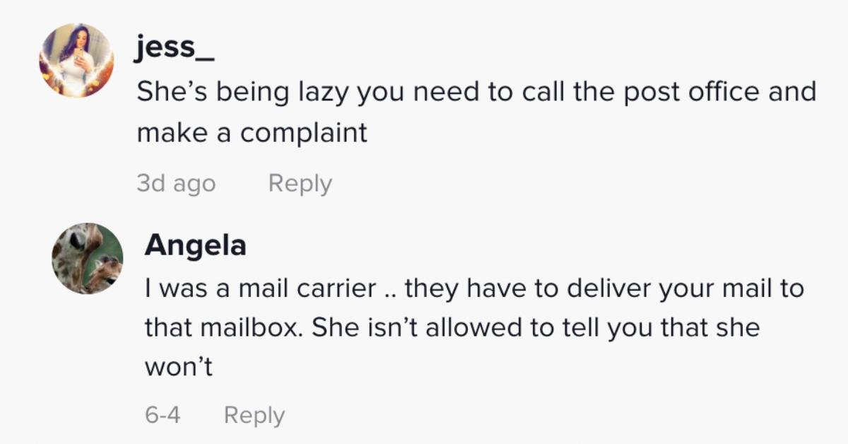TikTok comments about the mailwoman demanding a curbside mailbox