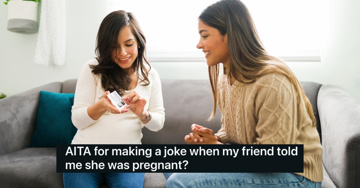 A pregnant woman shows friend her ultrasound photos