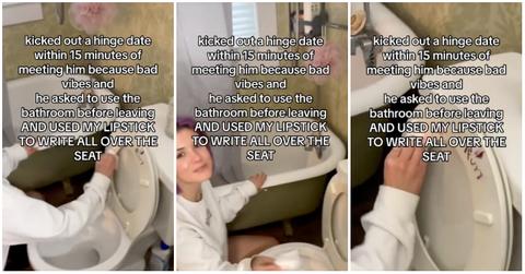 A woman scrubbing a lipstick message off her toilet