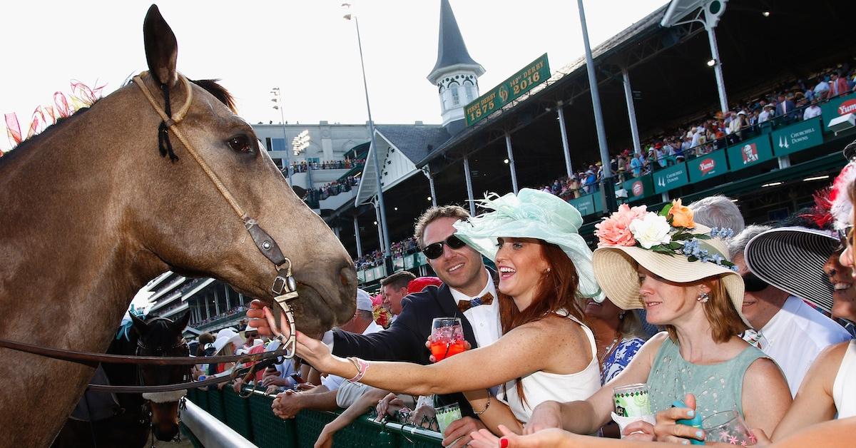 Guests engage with a Kentucky Derby horse at 142nd Kentucky Derby at Churchill Downs