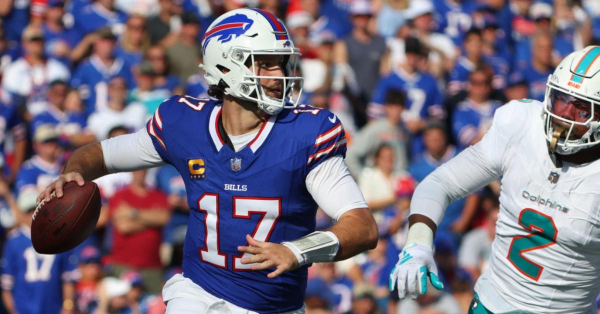 Josh Allen #17 of the Buffalo Bills looks to throw a pass against the Miami Dolphins at Highmark Stadium on October 1, 2023 in Orchard Park, New York.