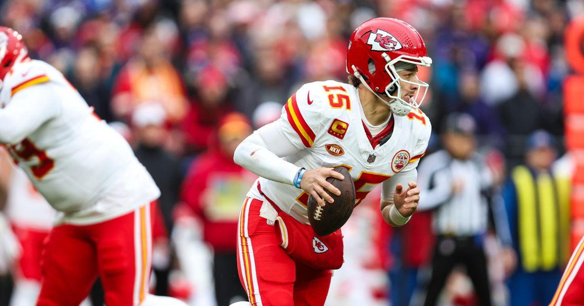 Patrick Mahomes on the field, playing for the Kansas City Chiefs