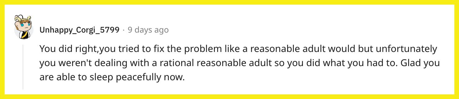 Redditor u/Unhappy_Corgi_5799 commented, "You did right, you tried to fix the problem like a reasonable adult would but unfortunately you weren't dealing with a rational reasonable adult so you did what you had to. Glad you are able to sleep peacefully now."