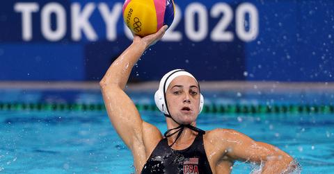 Maggie Steffens playing water polo during the Tokyo Olympics.
