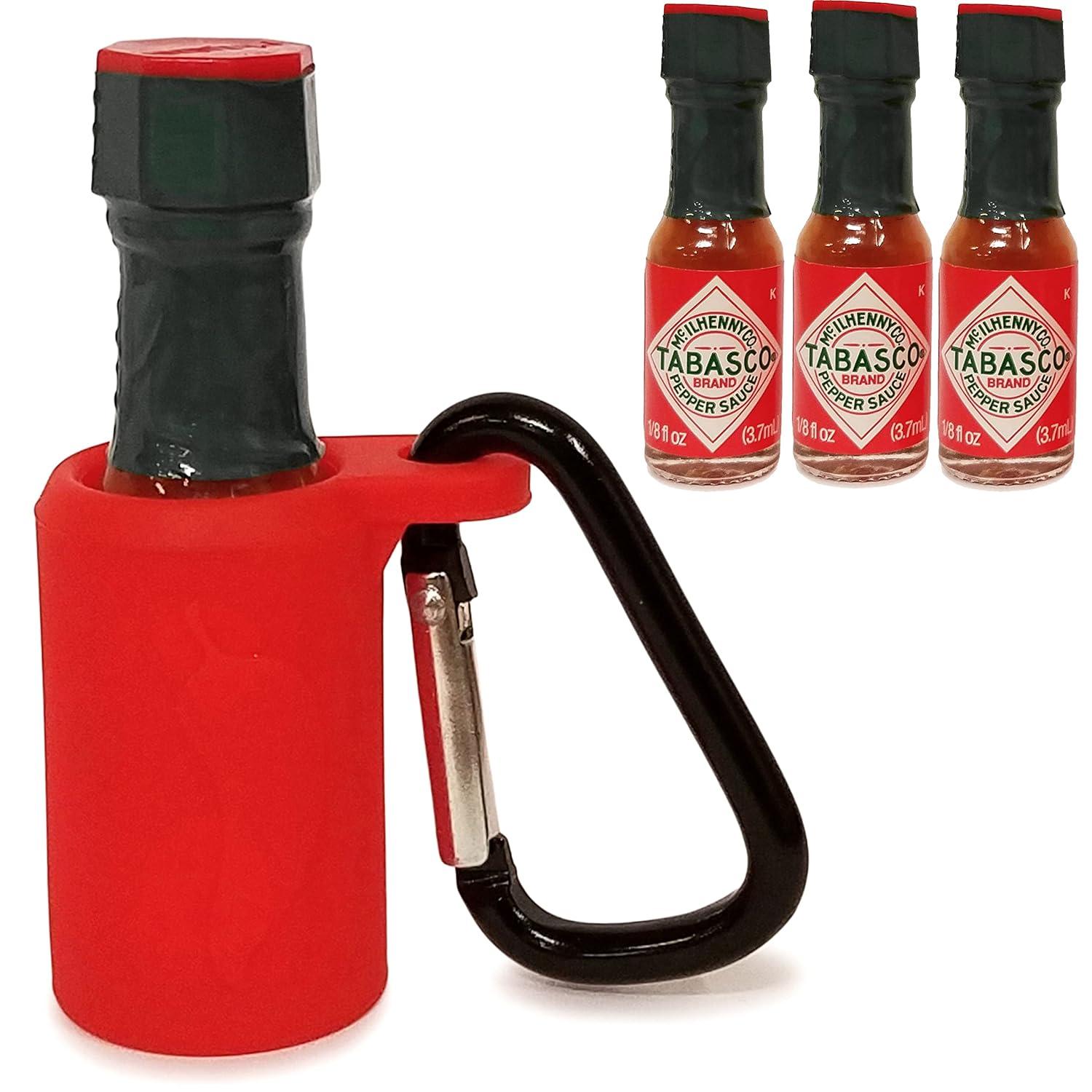 A three pack of tabasco sauce with a keychain to hold the bottle