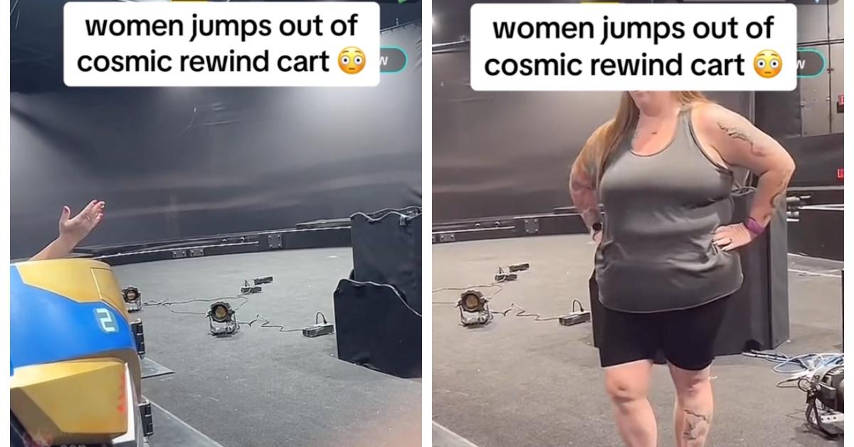 Woman jumps out of Disney ride.