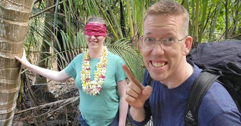 Luke and his wife in the video New youtube video 'I "kidnapped" my wife and took her to a remote tropical island'