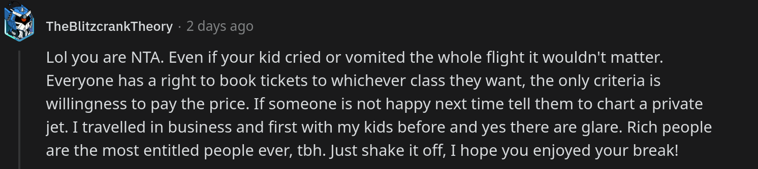 first class passenger angry at toddler