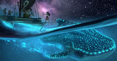 A still from 'Moana 2' featuring a boat and a whale.