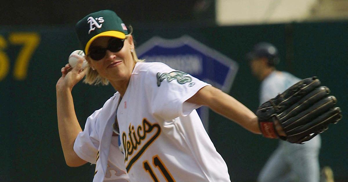 Sharon Stone throwing the opening pitch at an A's game in 2001. 