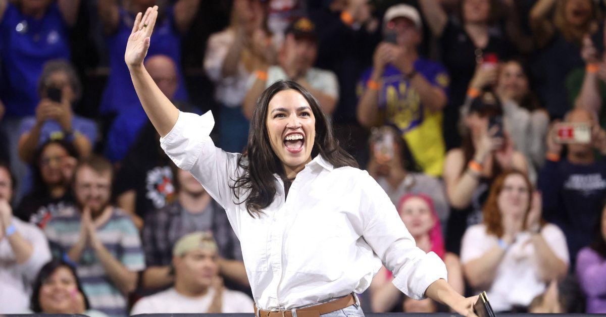 Alexandria Ocasio-Cortez at a rally with Bernie Sanders in 2025. 
