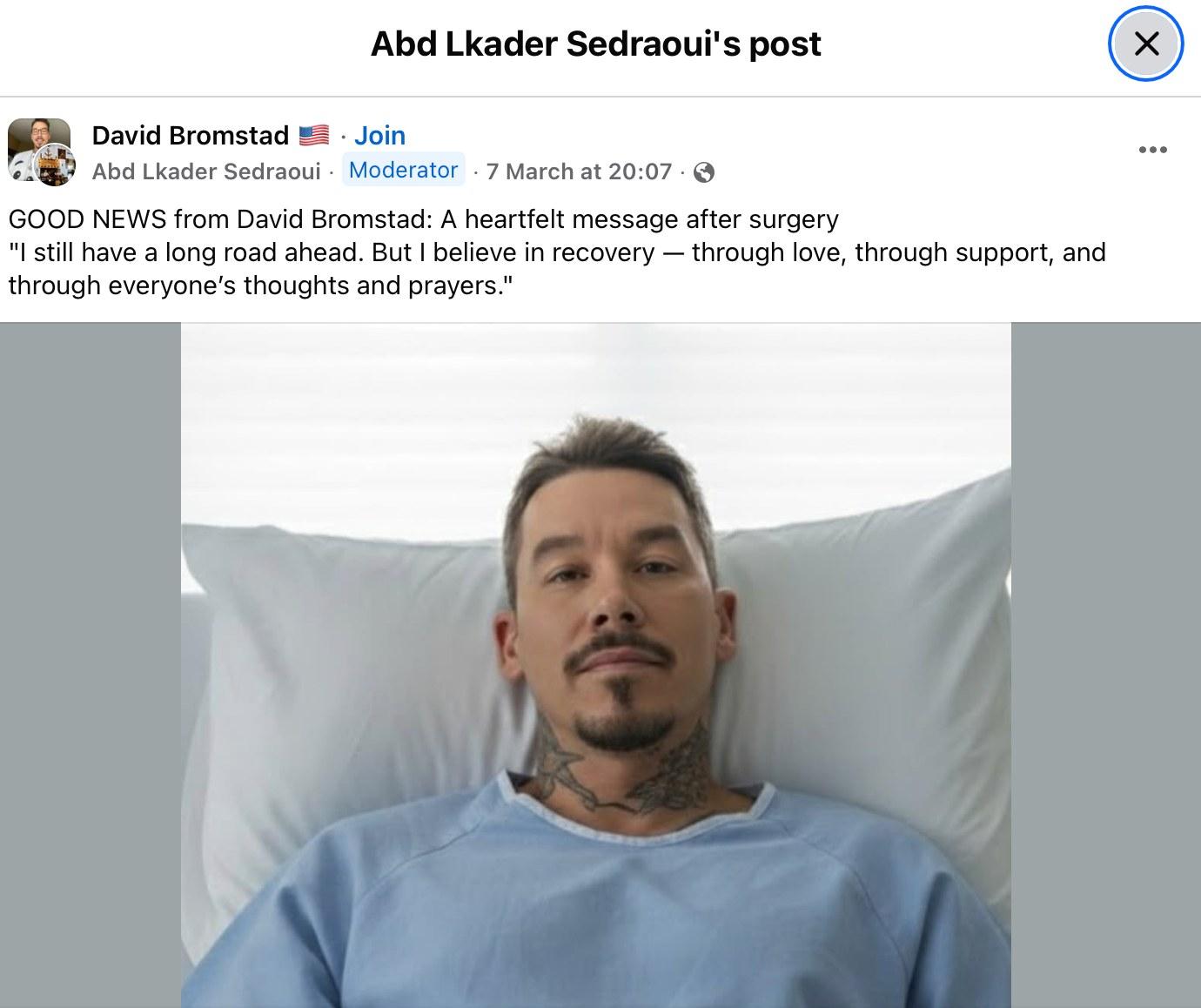 A fake Facebook post suggesting David Bromstad is in the hospital.