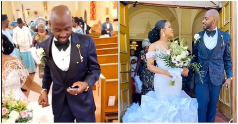 A man on phone wedding aisle