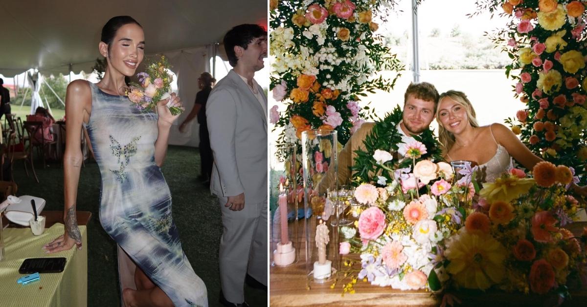 Lilah Gibney holding the bouquet at Kouvr and Alex's wedding, Alex and Kouvr surrounded by flowers