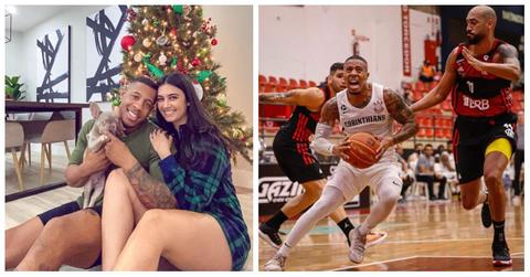 Kyle Fuller with his wife, Jackie, and their dog, and Kyle playing basketball