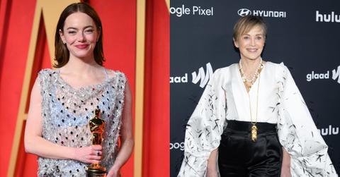 Emma Stone at the Vanity Fair Oscar Party at the Wallis Annenberg Center for the Performing Arts on March 10, 2024 in Beverly Hills / Sharon Stone at the 35th Annual GLAAD Media Awards at The Beverly Hilton on March 14, 2024