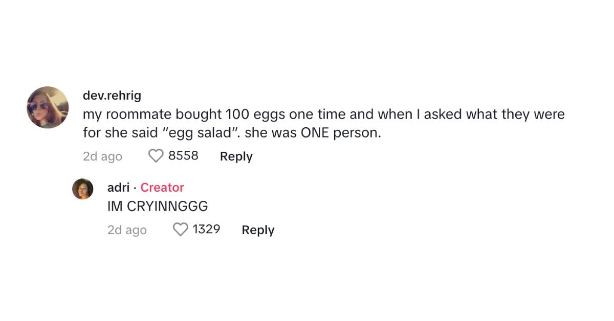 tiktok comment about roommate buying in bulk and hogging fridge