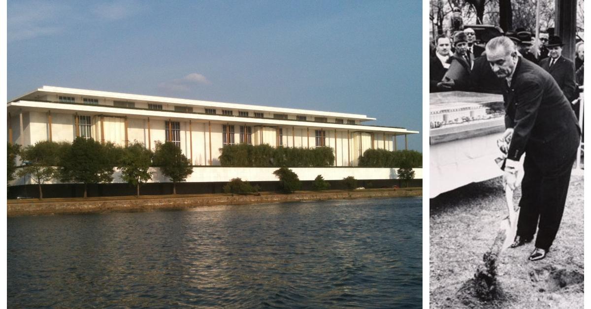 (L-R): The Kennedy Center; President Lyndon B. Johnson at the Kennedy Center groundbreaking ceremoney