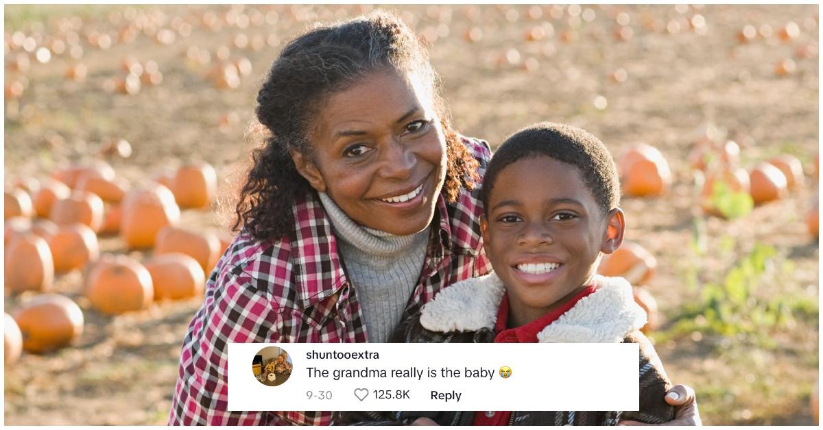 A grandmother and her grandson at a pumpkin patch and TikTok comment