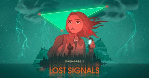 'Oxenfree II: Lost Signals' key art showing Riley and a stormy island.
