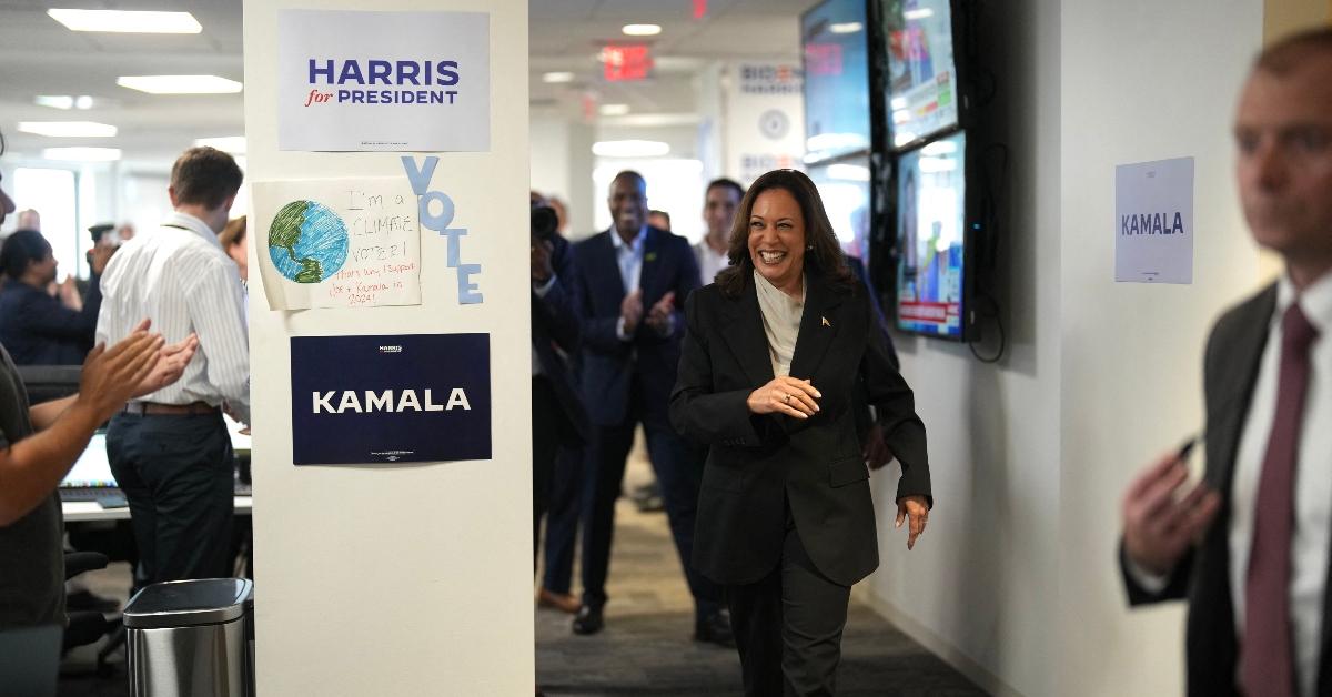 US Vice President and Democratic presidential candidate Kamala Harris arrives at campaign headquarters in Wilmington, Delaware, on July 22, 2024. Harris is set to meet campaign staff in Wilmington. Harris on Monday won the crucial backing of Democratic heavyweight Nancy Pelosi to lead the party against Donald Trump in November after Joe Biden's stunning exit from the 2024 race. As the endorsements stacked up, the 59-year-old Harris made her first public appearance since Biden's announcement in a ceremony at the White House where she warmly praised the outgoing president's "unmatched" achievements. (Photo by Erin SCHAFF / POOL / AFP) (Photo by ERIN SCHAFF/POOL/AFP via Getty Images)