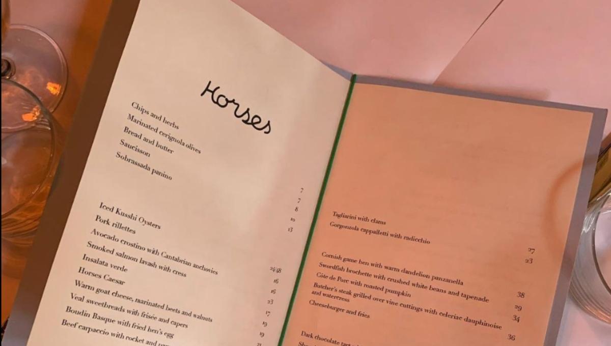 The menu for upscale restaurant Horses in Los Angeles