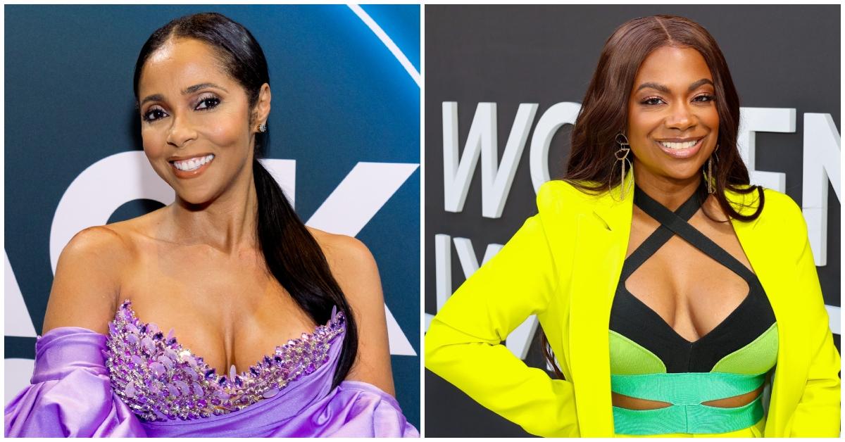 (l-r): Courtney Rhodes in a purple dress and Kandi Burruss in a neon suit and bodysuit