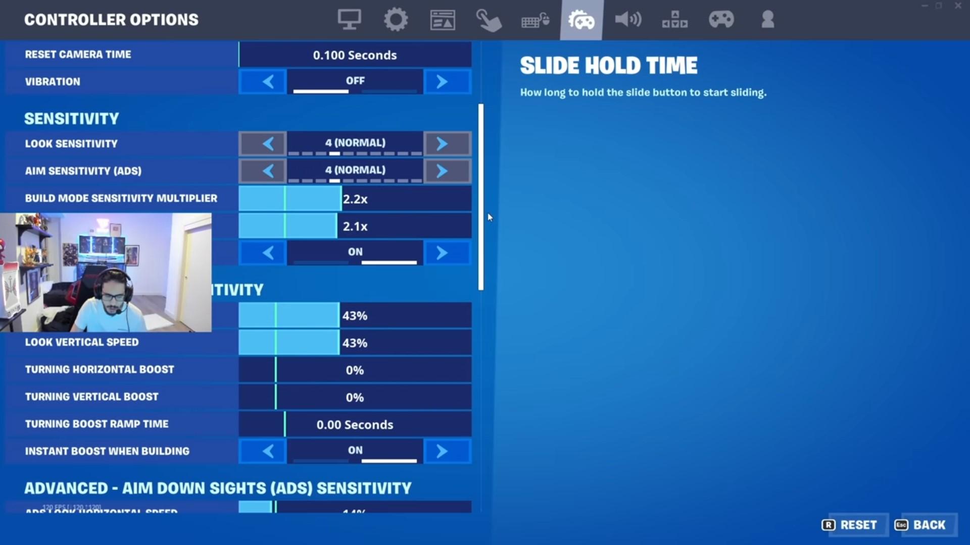 'Fortnite' esports pro FaZe Sway showing his controller settings.