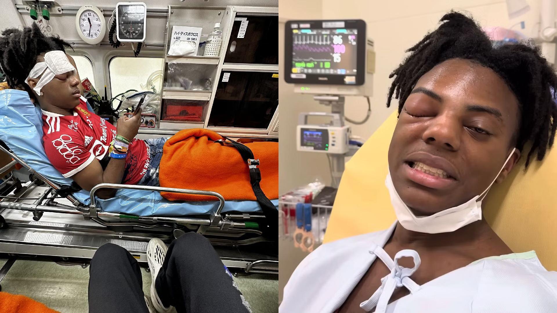 Pictures of iShowSpeed in an ambulance and on a hospital bed.