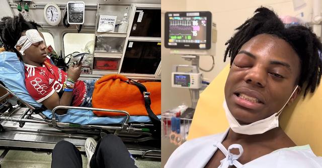 Pictures of iShowSpeed in an ambulance and on a hospital bed.