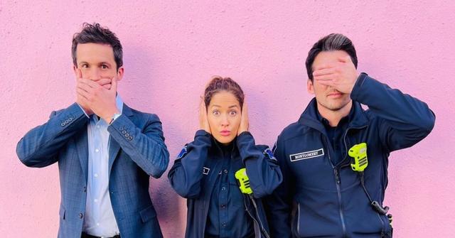 (l-r): Rob Heaps, Jaina Lee Ortiz, and Jay Hayden filming 'Station 19'