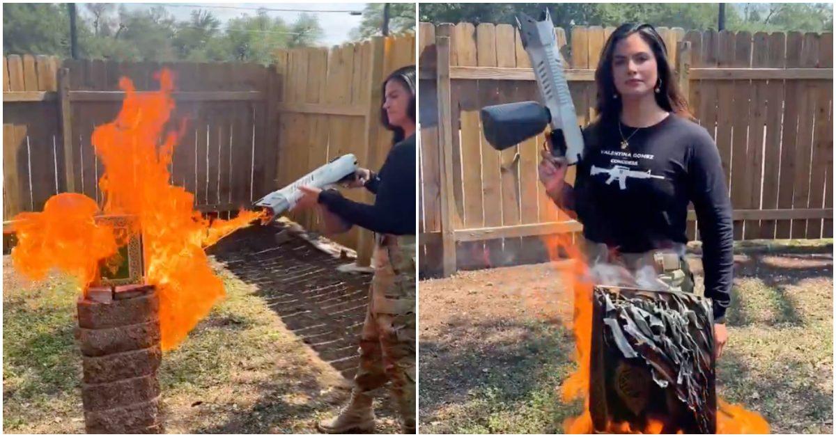 Valentina Gomez burns the Quran with a flame thrower.