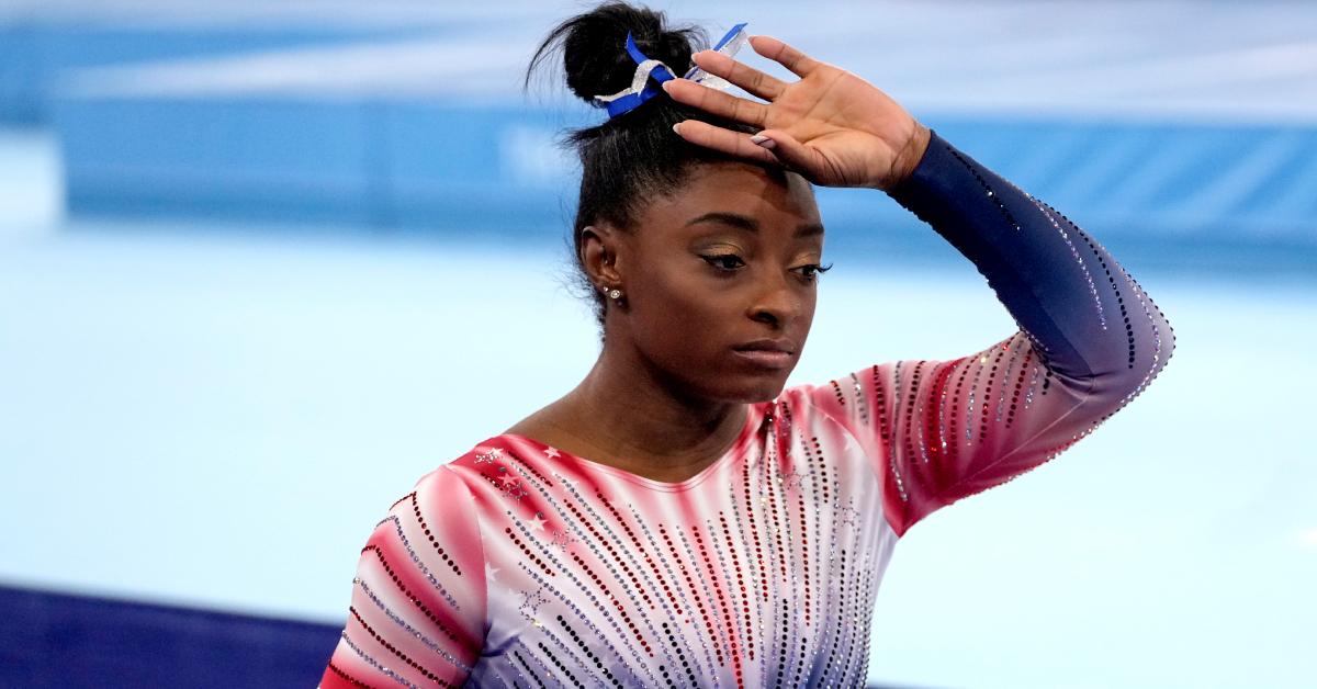 Simone Biles gets ready to compete in the Women's Gymnastics Balance Beam Final at the Tokyo 2020 Olympics on August 3, 2021.